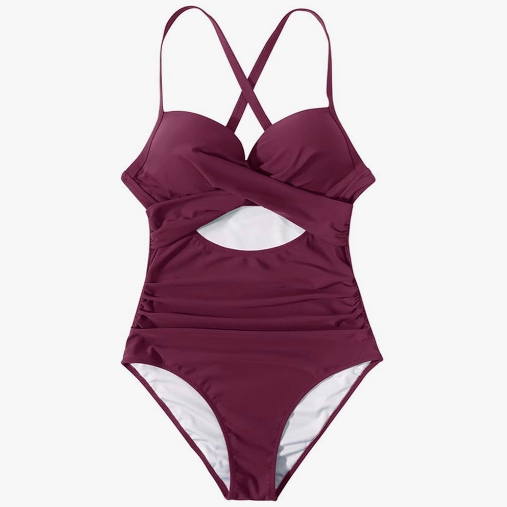 Suuksess Slimming Retro Cut out One Piece Swimsuit in Wine - Picture 4 of 13